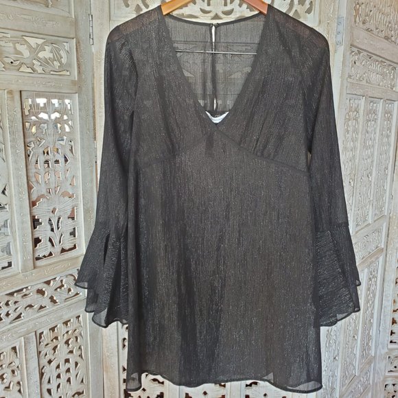 NWT BCBGeneration Black Metallic Bell Sleeve Dress XS - Picture 4 of 14